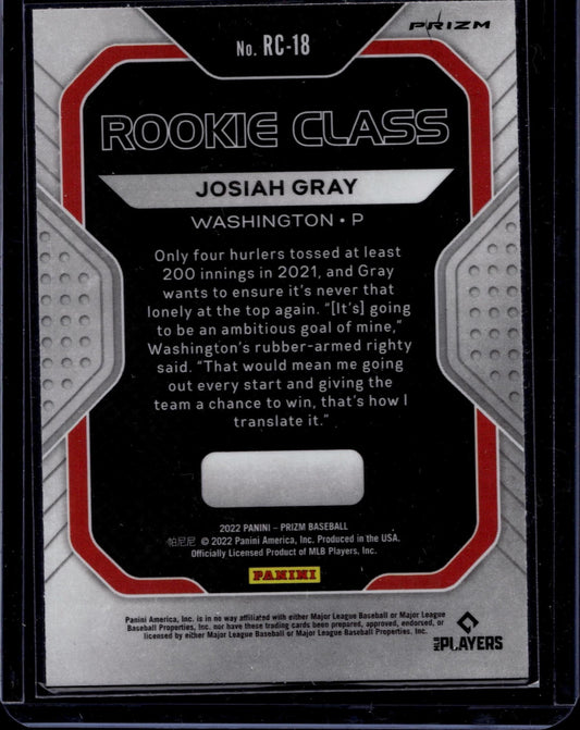 2022 Panini Prizm #RC-18 Josiah Gray Rookie Class Silver Prizm