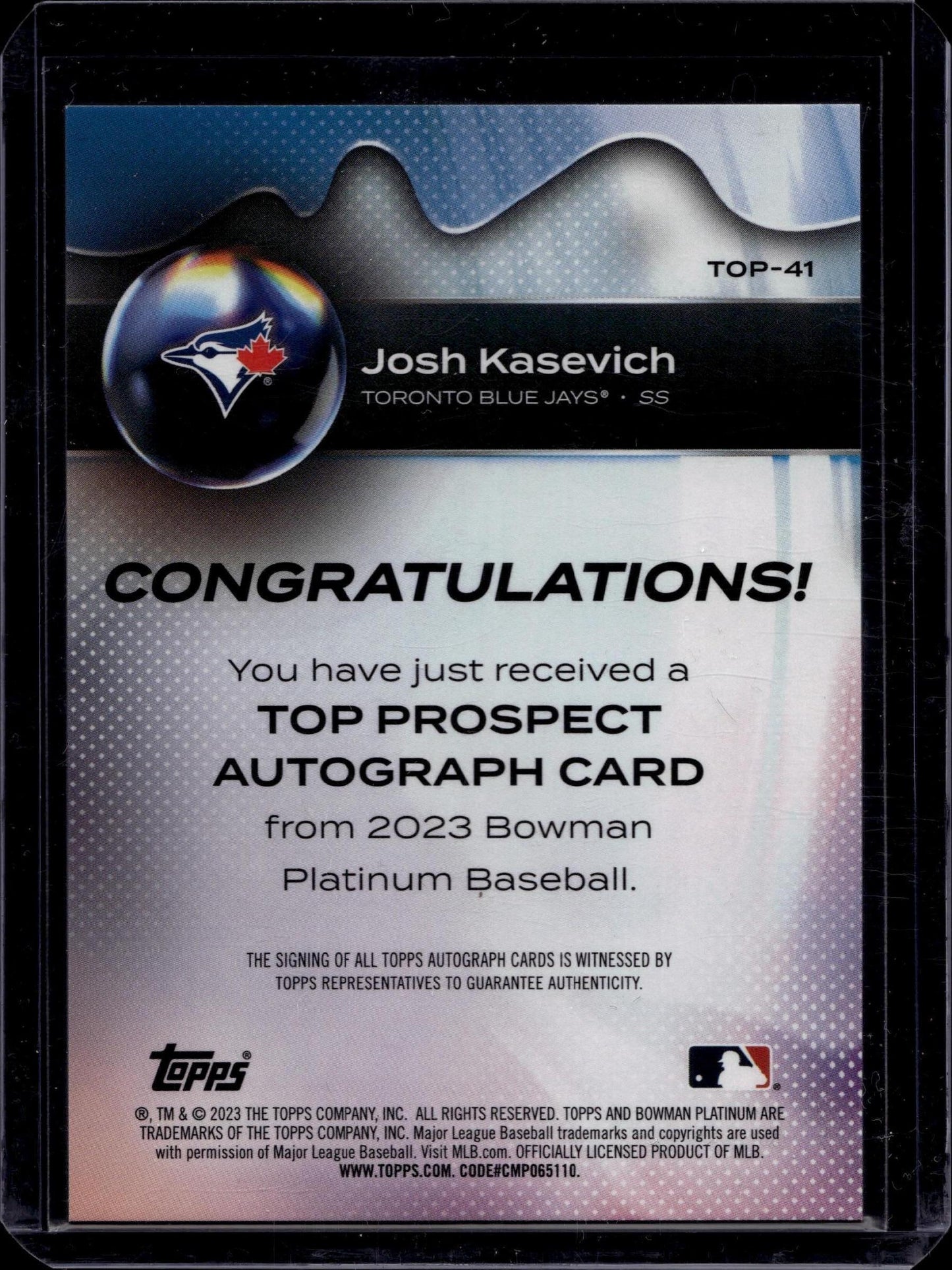 2023 Bowman Platinum #TOP-41 Josh Kasevich Top Prospects Autographs