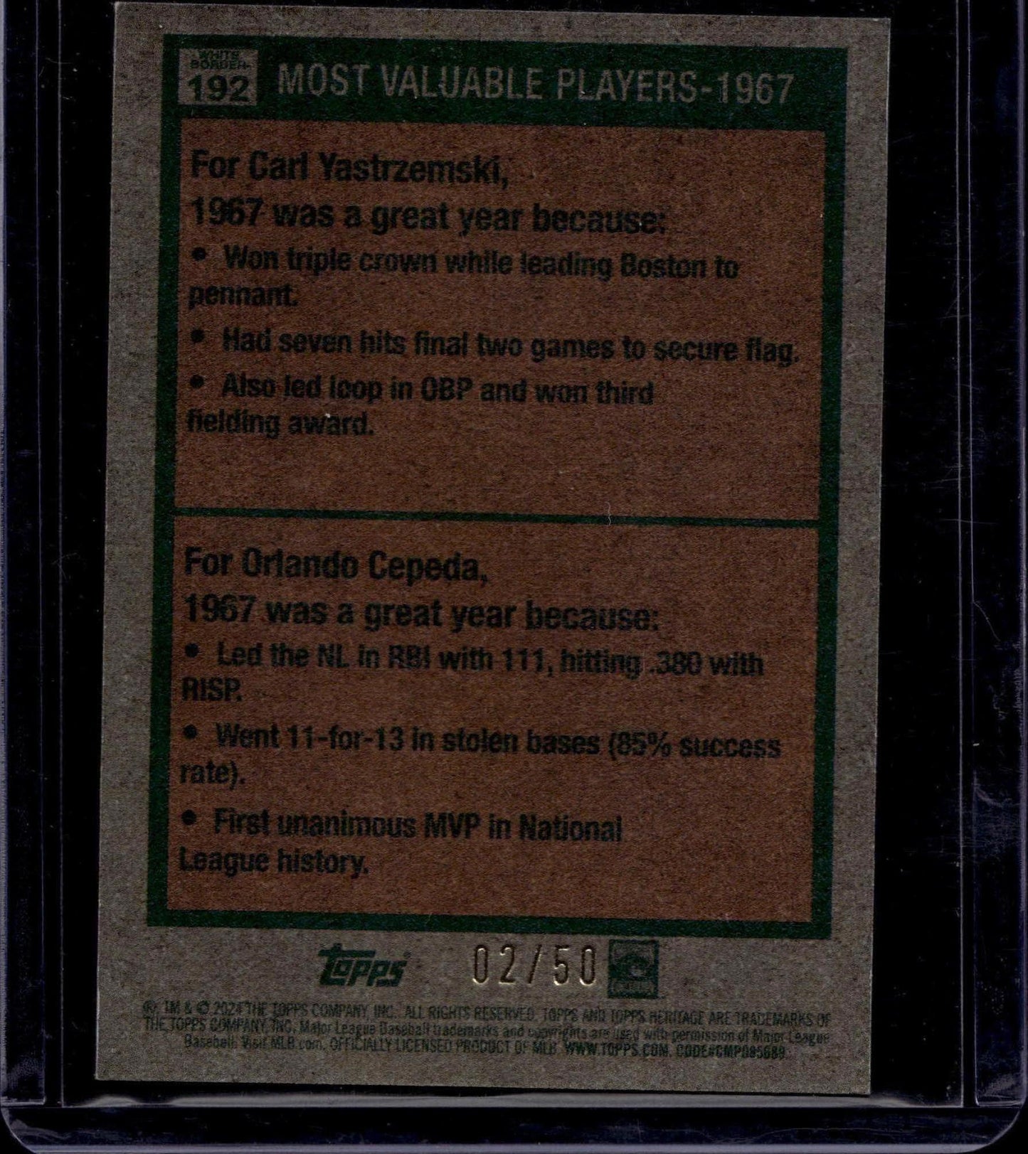 2024 Topps Heritage-1967 MVPs (Yastrzemski/Cepeda) MVP, Black Border /50