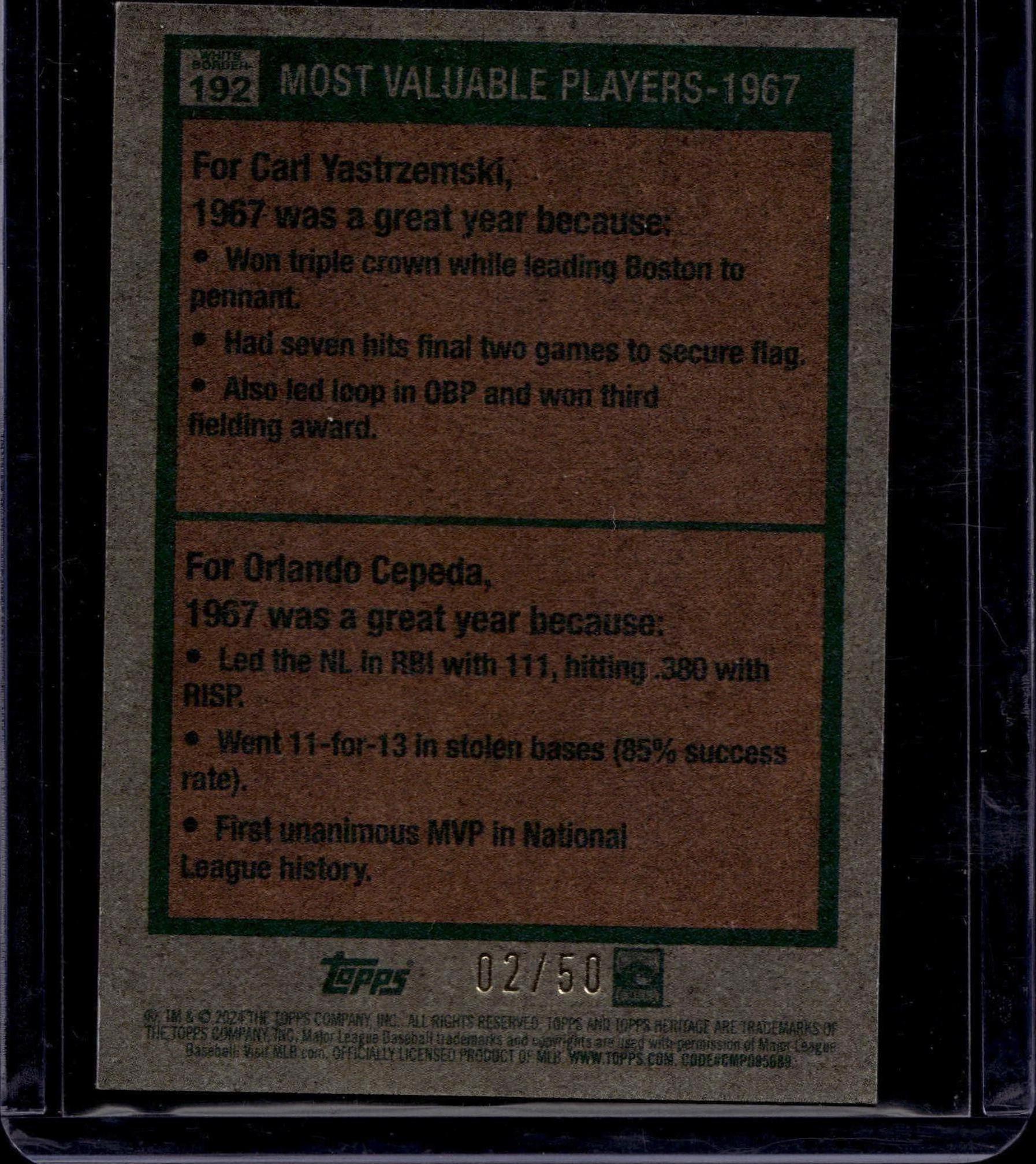 2024 Topps Heritage-1967 MVPs (Yastrzemski/Cepeda) MVP, Black Border /50