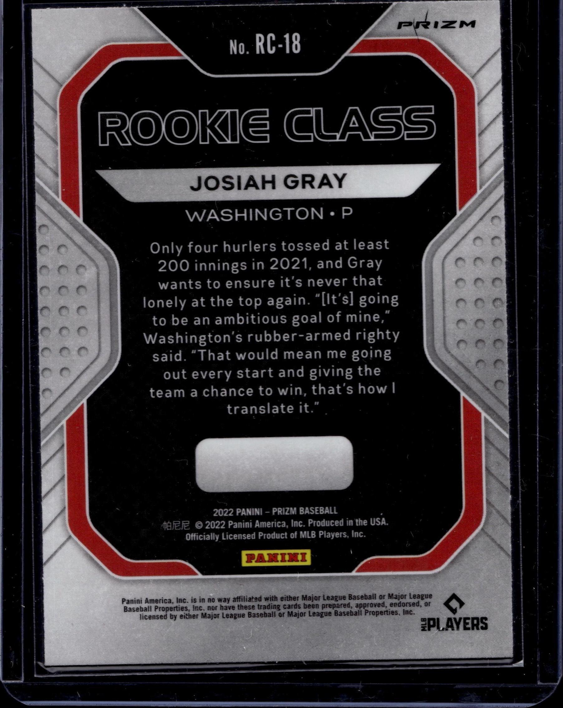 2022 Panini Prizm #RC-18 Josiah Gray Rookie Class Silver Prizm
