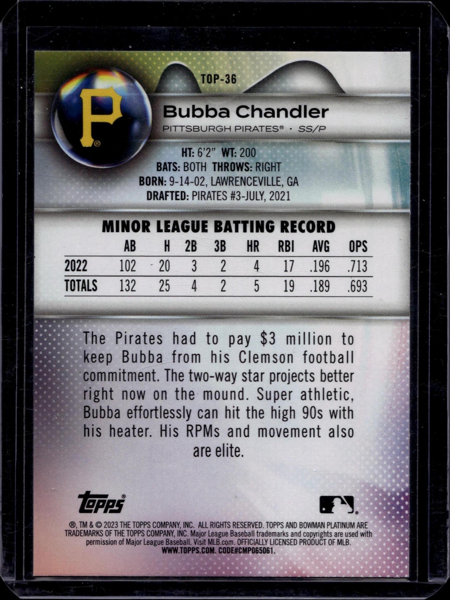 2023 Bowman Platinum #TOP-36 Bubba Chandler Top Prospects
